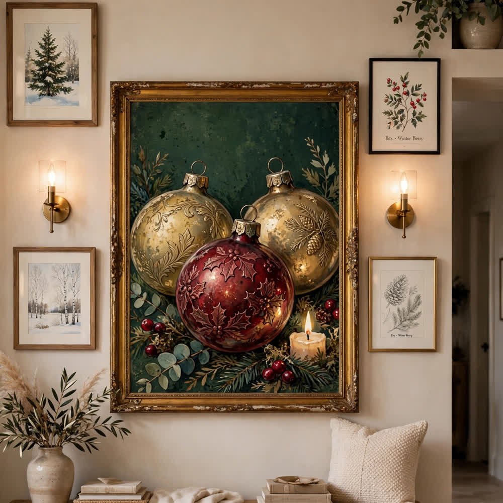 Vintage Glass Ornament Still Life — Vintage Christmas Poster