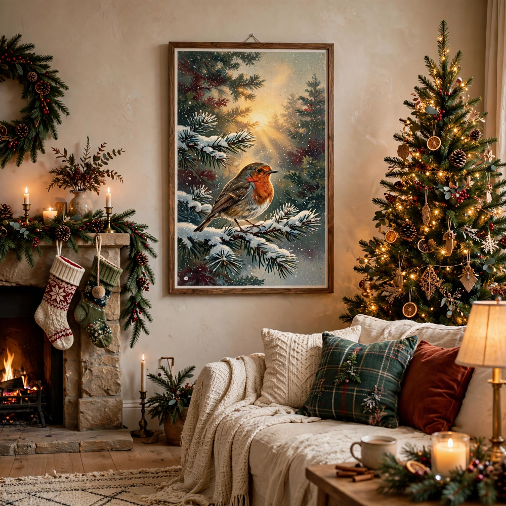 Christmas Robin on Frosted Pine poster framed in a cozy living room