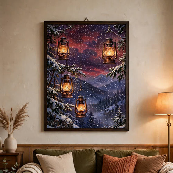 Copper Glow Lanterns — Vintage Winter Landscape Poster