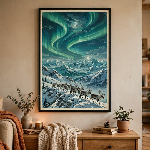 Reindeer Aurora Ridge — Vintage Winter Landscape Poster
