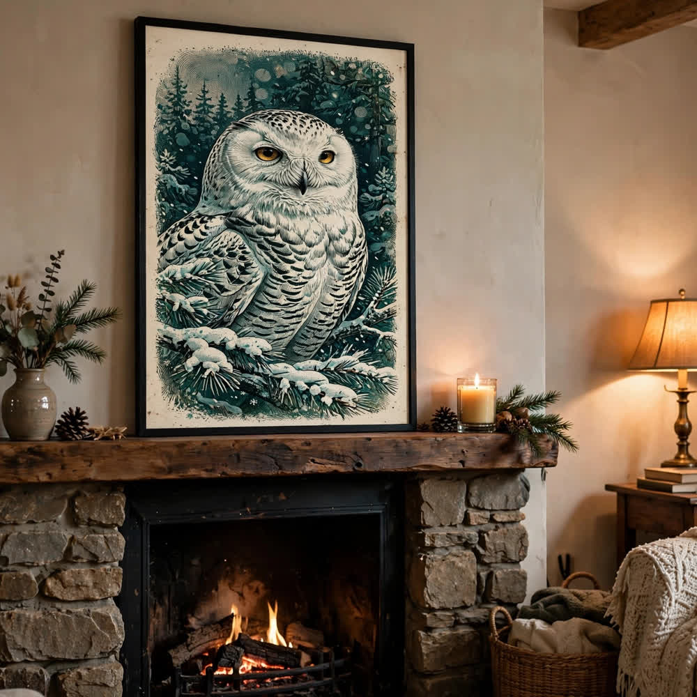 Snowy Owl Portrait — Vintage Winter Landscape Poster