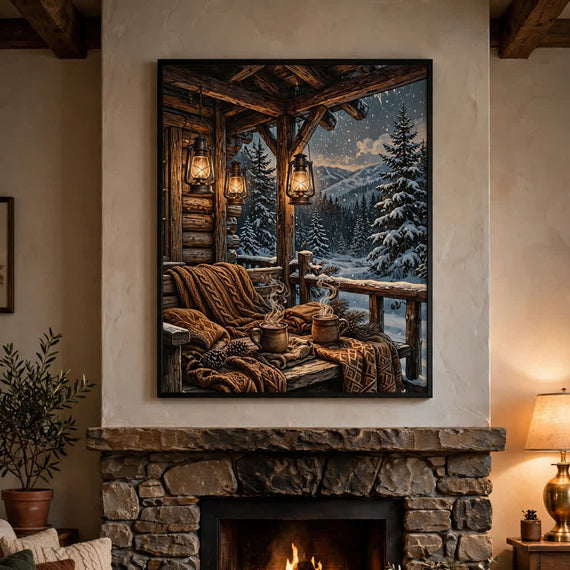 Cocoa Cabin Porch — Vintage Winter Landscape Poster