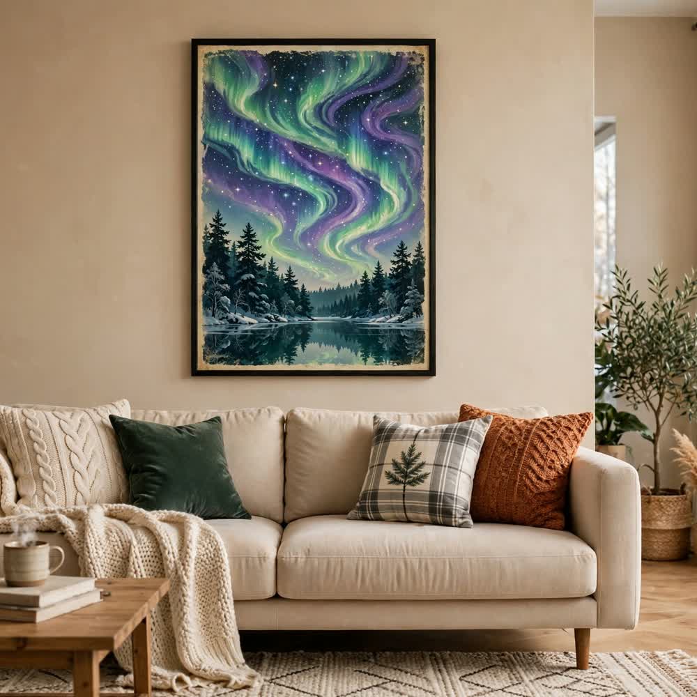 Aurora Over the Pines — Vintage Winter Landscape Poster