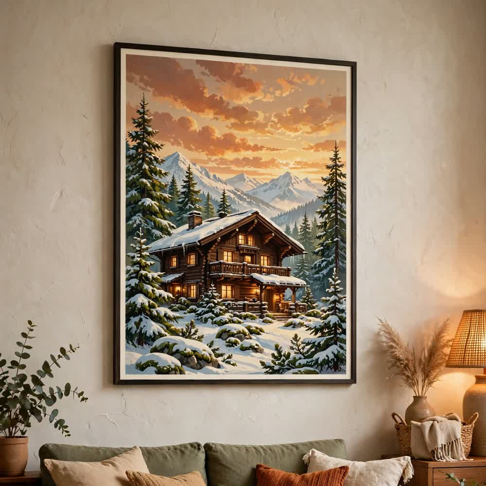 Alpine Chalet Morning — Vintage Winter Landscape Poster