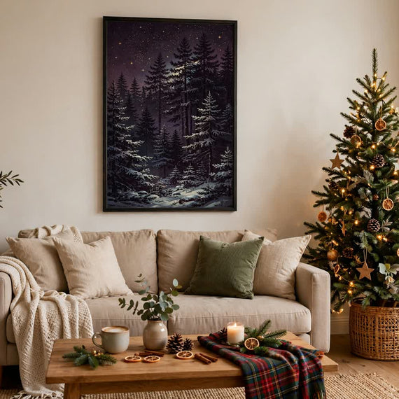 Aubergine Winter Night — Vintage Winter Landscape Poster
