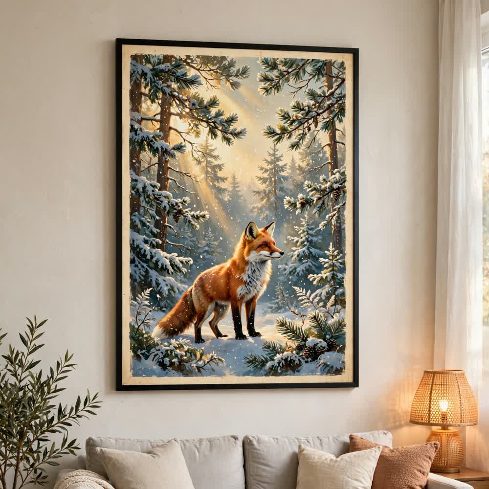 Woodland Fox in Snow — Vintage Winter Landscape Poster