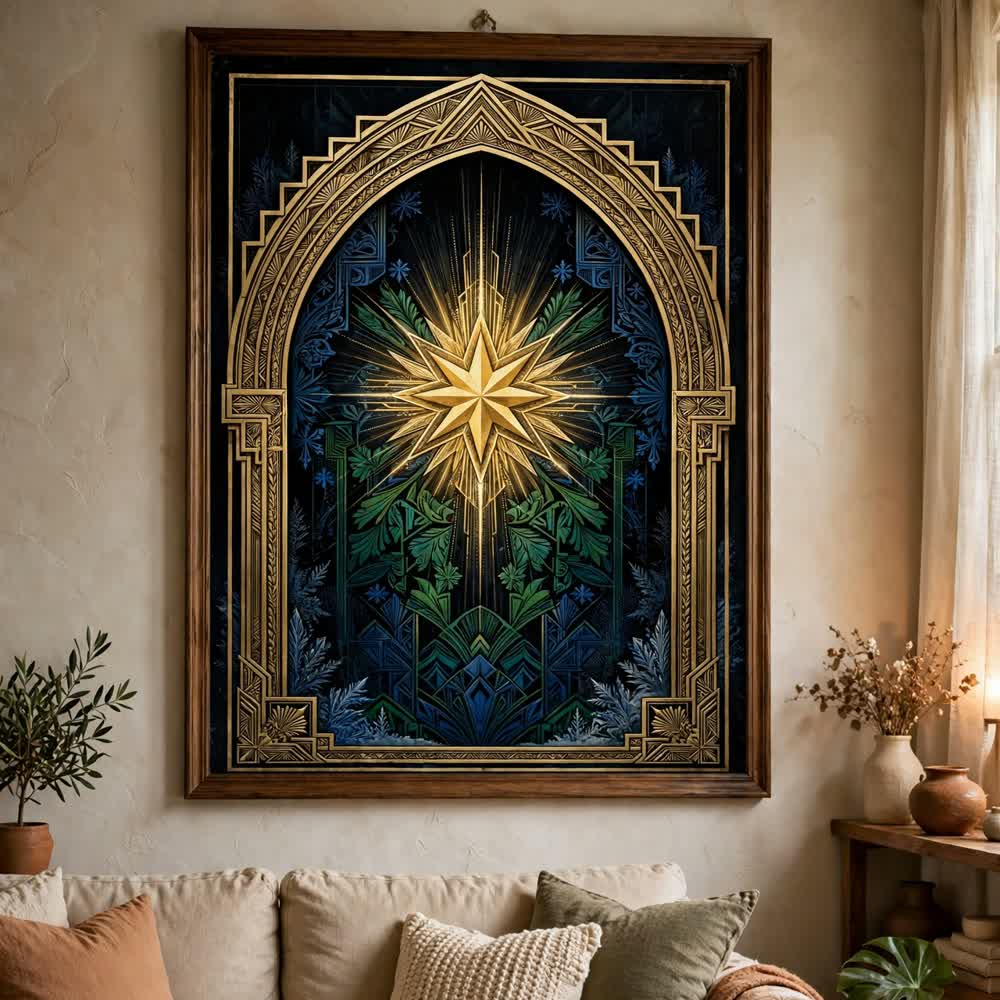 Brass Arch Star — Vintage Winter Landscape Poster