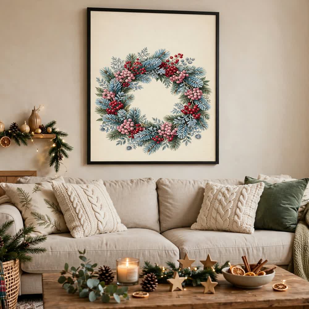 Berry & Blue Wreath — Vintage Winter Landscape Poster