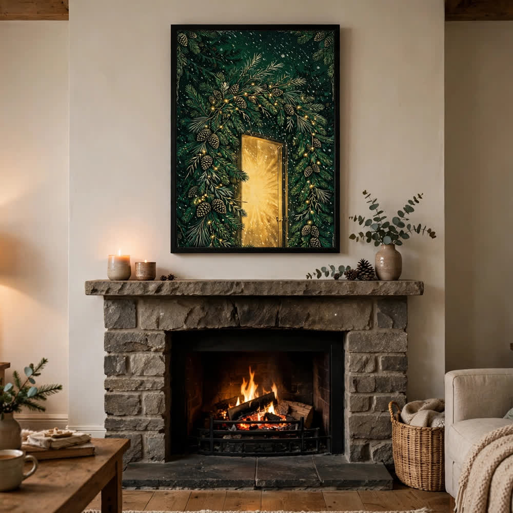 Evergreen Archway — Vintage Winter Landscape Poster