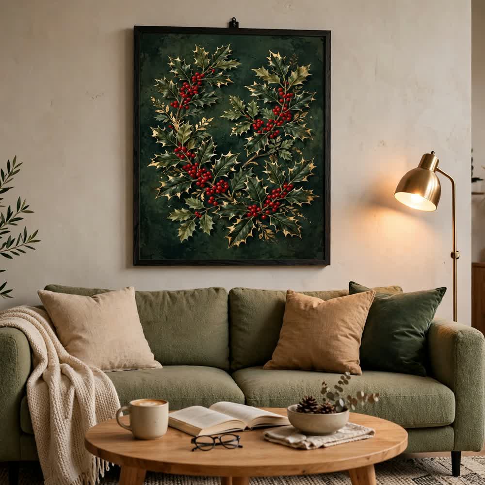Holly and Gold — Vintage Winter Landscape Poster