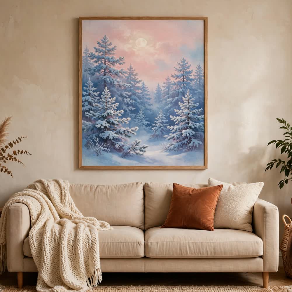 Pink Winter Dreams — Vintage Winter Landscape Poster