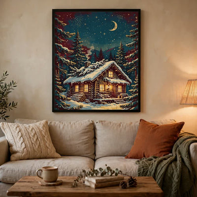 Golden Hour Cabin — Vintage Winter Landscape Poster