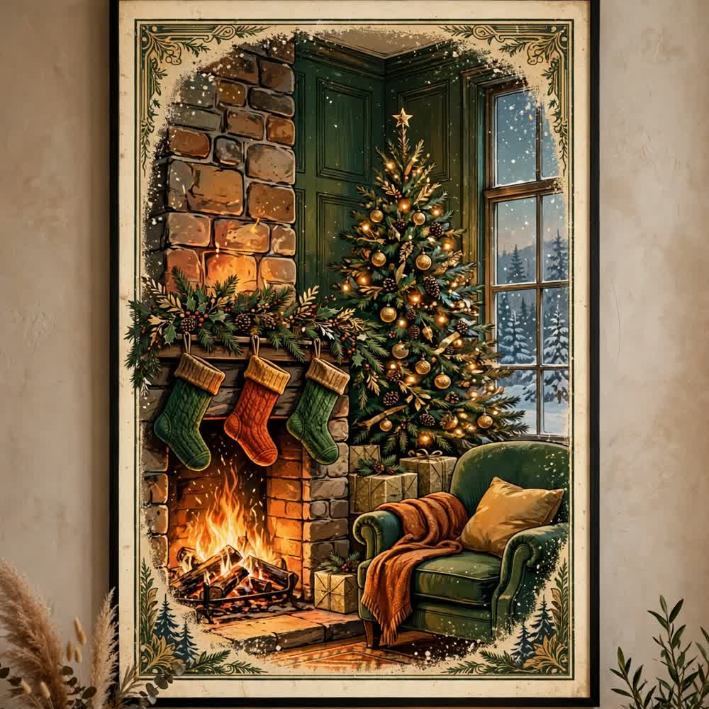 Hearthside Glow — Vintage Winter Landscape Poster