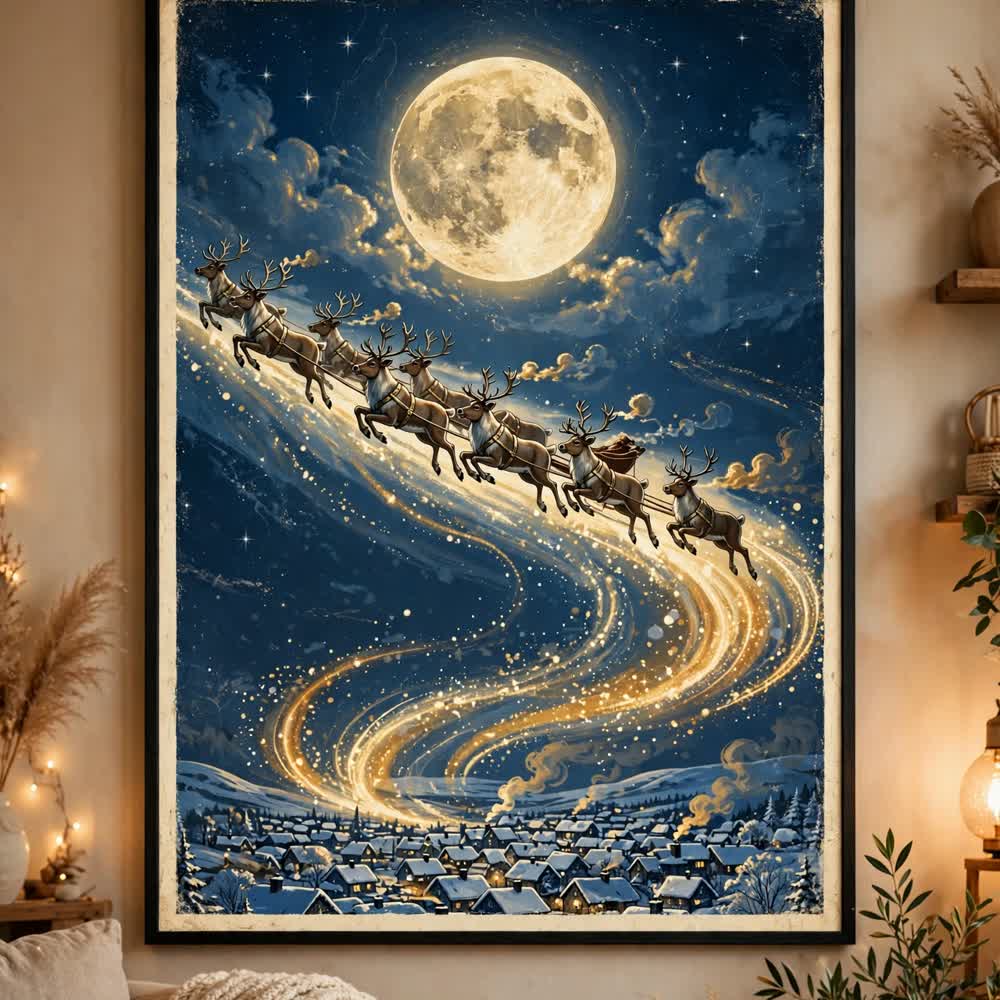 Santa's Midnight Flight — Vintage Winter Landscape Poster