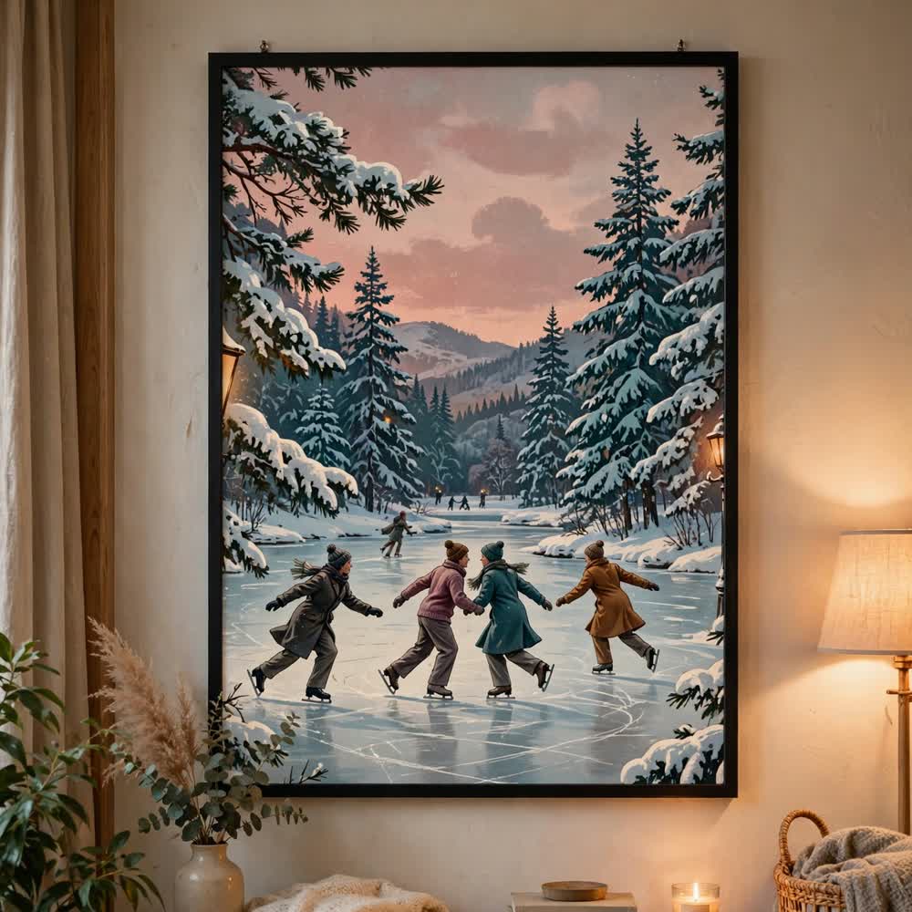 Frost Pond Skaters — Vintage Winter Landscape Poster