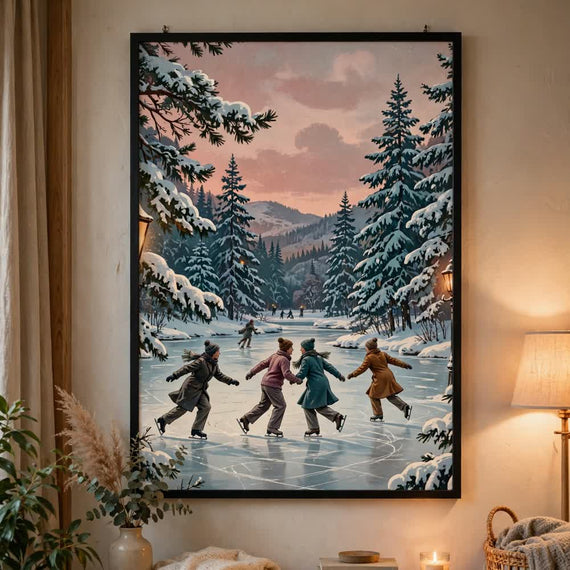 Frost Pond Skaters — Vintage Winter Landscape Poster