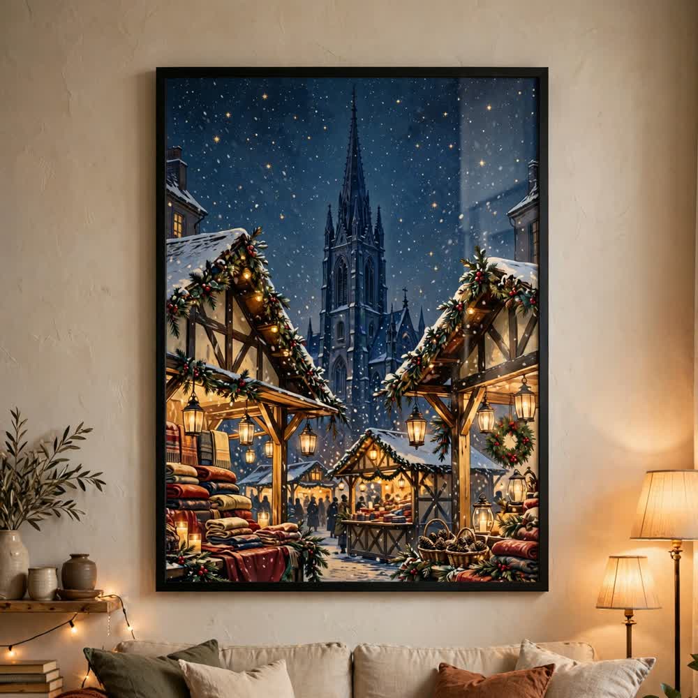 Starlit Christmas Market — Vintage Winter Landscape Poster