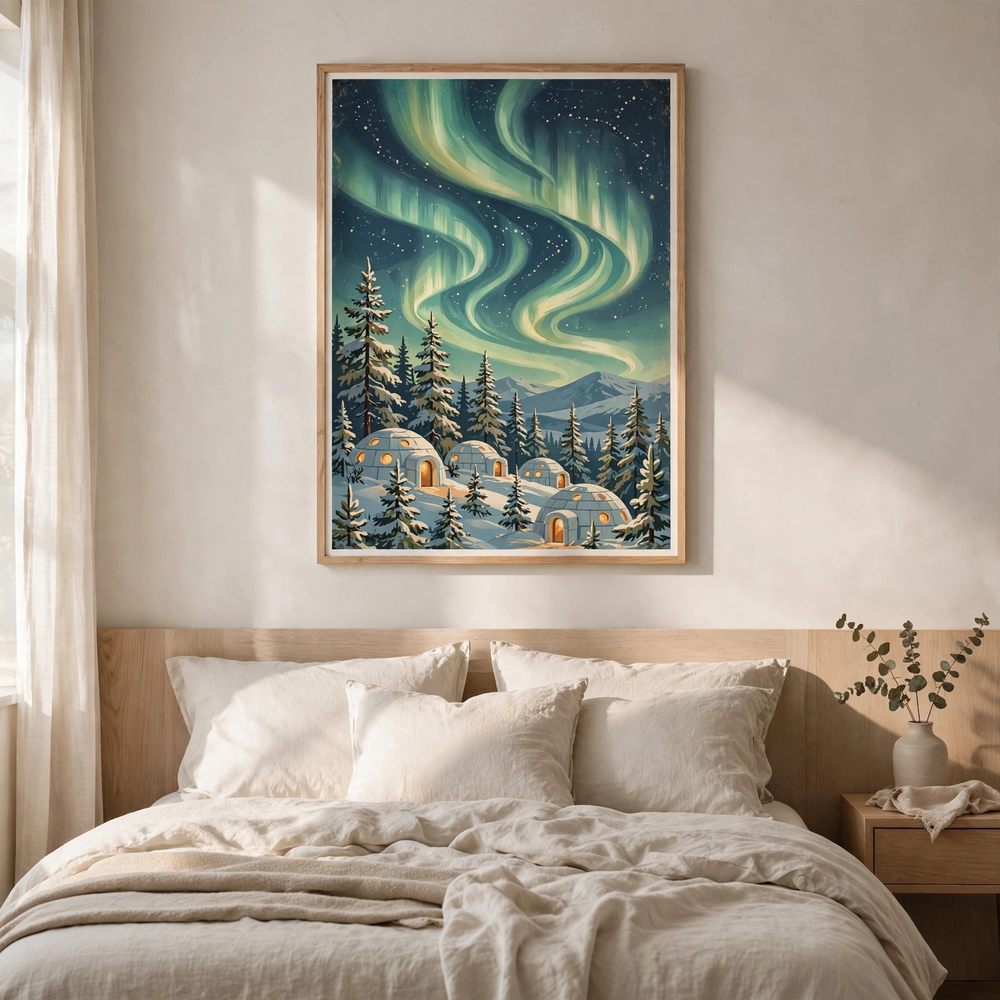 Northern Lights Igloo Camp poster in a minimalist bedroom