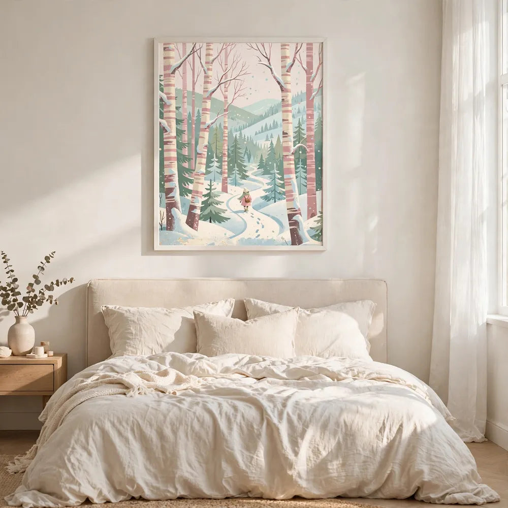 Peppermint Forest poster framed in bedroom mockup