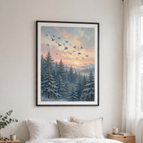 Bluebird Winter Dawn framed poster in a minimalist bedroom