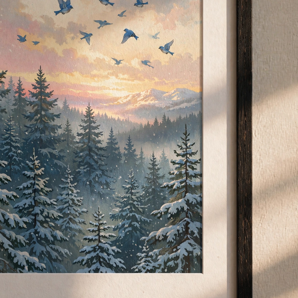 Close-up detail of the Bluebird Winter Dawn print