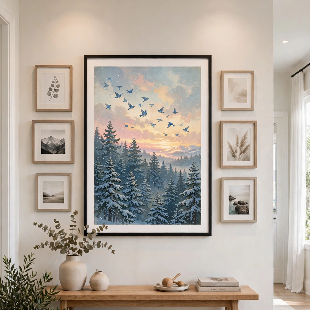 Bluebird Winter Dawn framed poster as gallery wall centerpiece