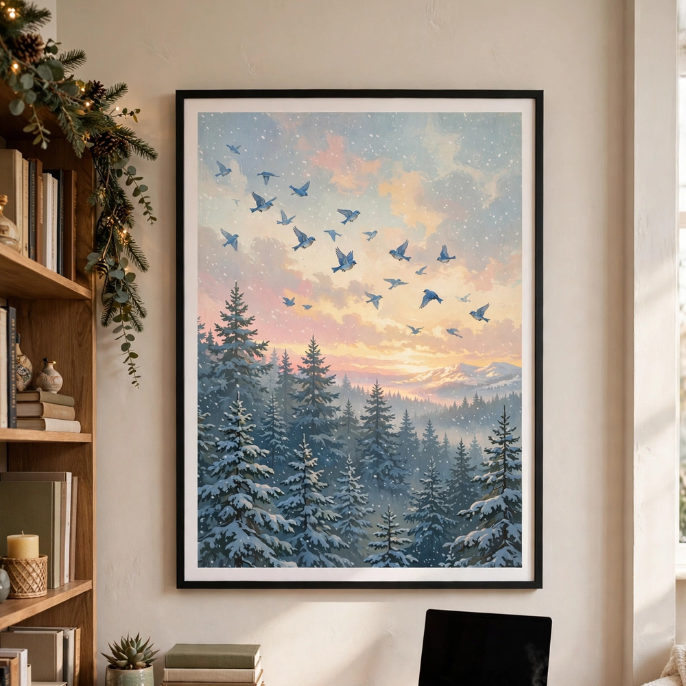 Bluebird Winter Dawn framed poster in a home office