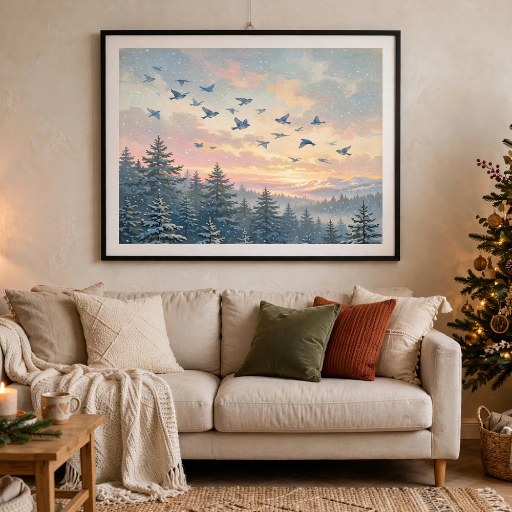 Bluebird Winter Dawn framed poster in a cozy living room