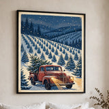 Snowy Pickup at the Tree Farm poster framed in a bedroom