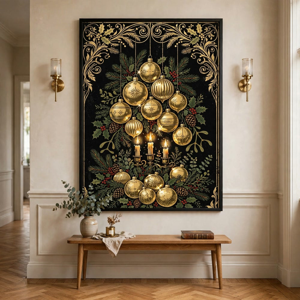 Noir & Gold Ornaments poster as centerpiece of a gallery wall