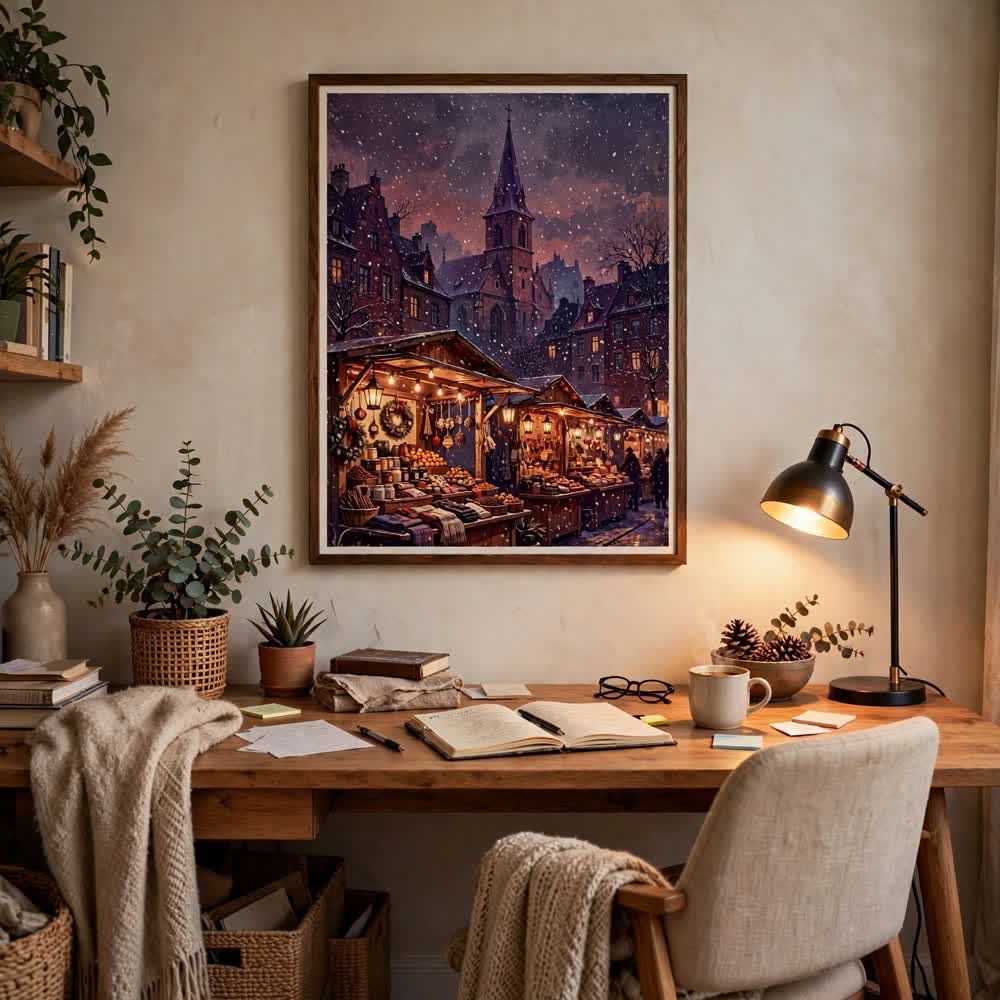 Wine-Red Christmas Market poster in a home office