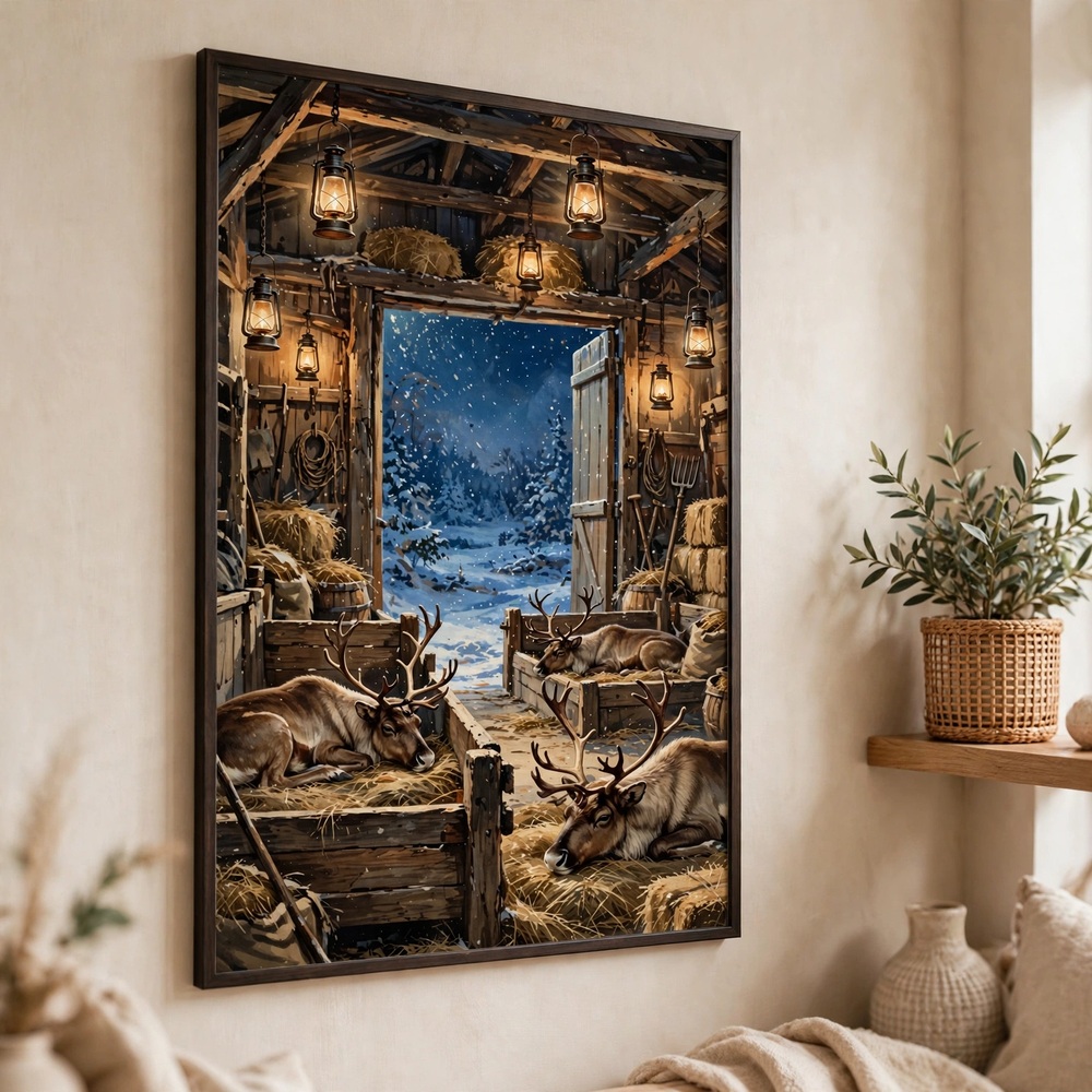 The Reindeer Stable poster framed in close up
