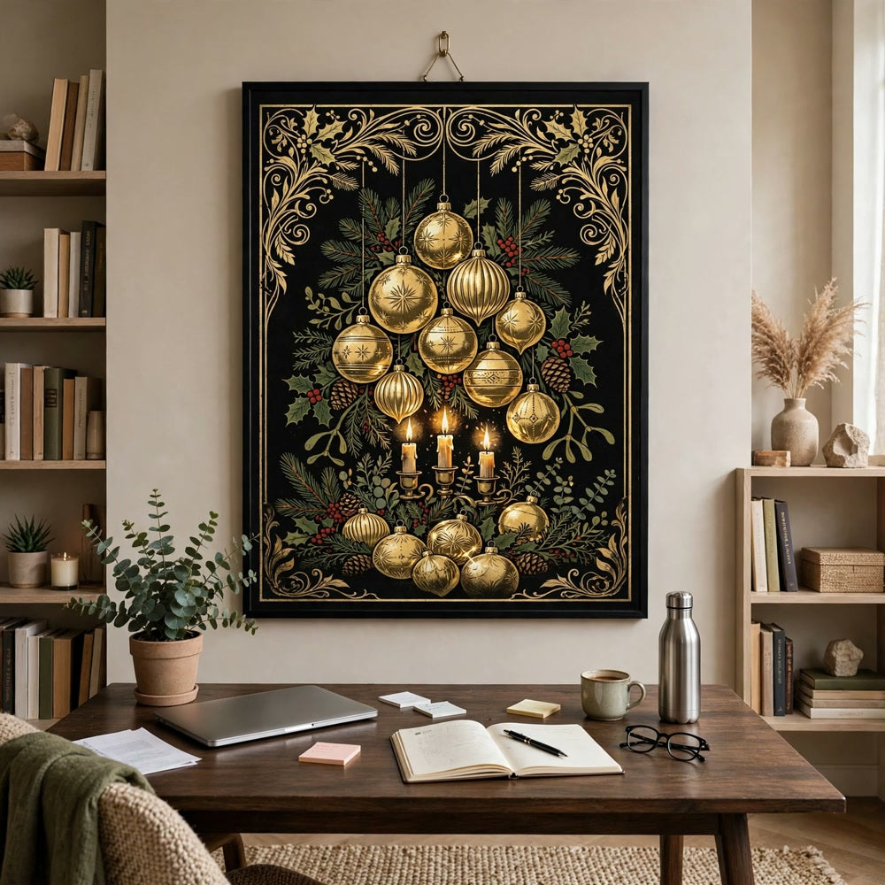 Noir & Gold Ornaments poster in a home office