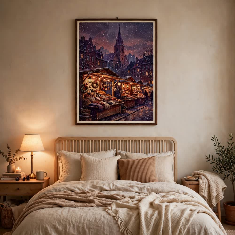 Wine-Red Christmas Market poster in a minimalist bedroom