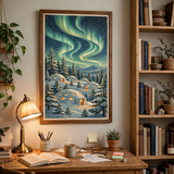 Northern Lights Igloo Camp poster in a home office