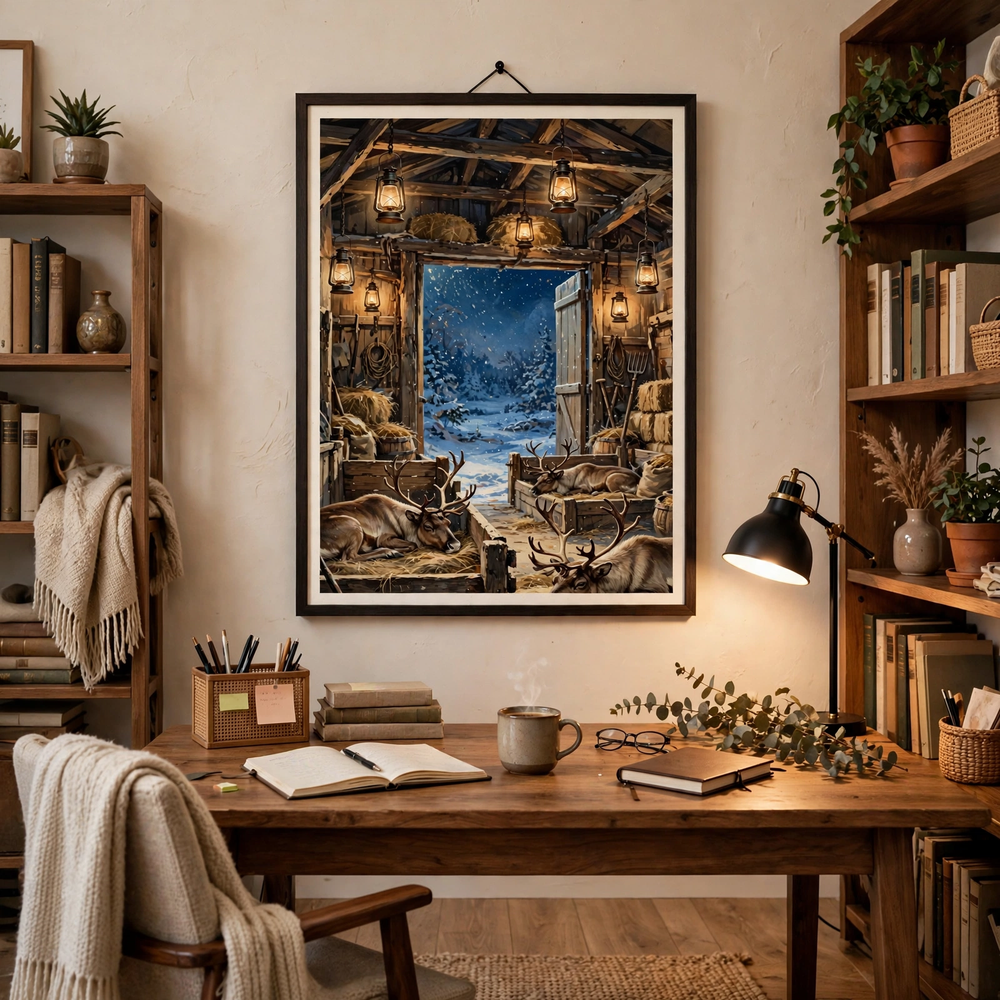 The Reindeer Stable poster framed in home office
