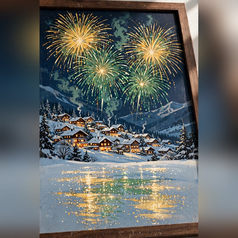 Close-up detail of Christmas Eve Fireworks over the Village poster print quality