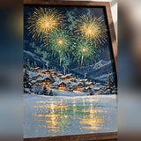 Close-up detail of Christmas Eve Fireworks over the Village poster print quality