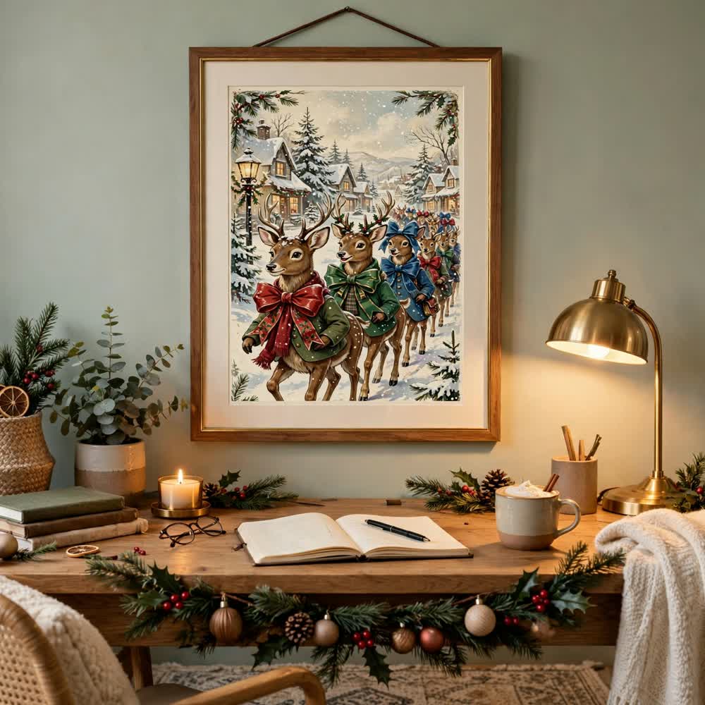 Storybook Deer Parade poster in a home office