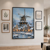 Snowy Windmill at Dusk poster as centerpiece of a gallery wall