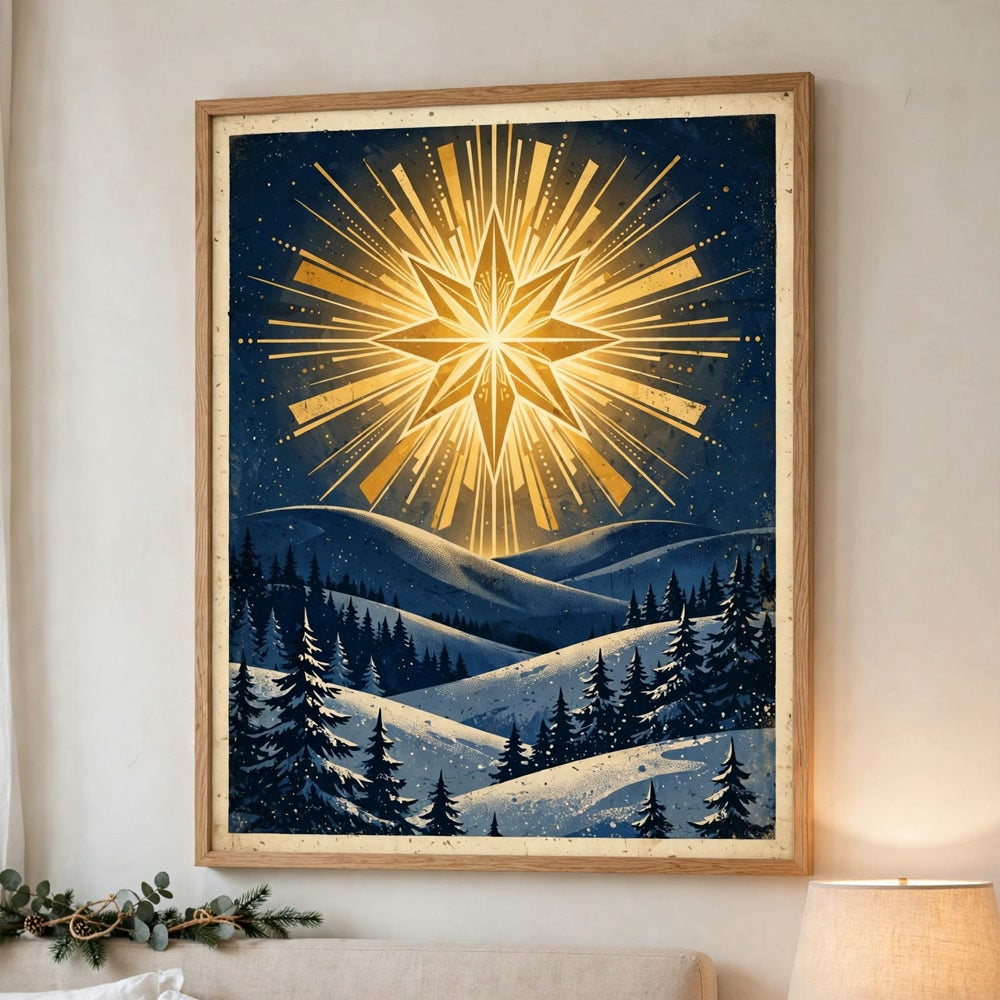 Starry Bethlehem Night poster in a minimalist bedroom