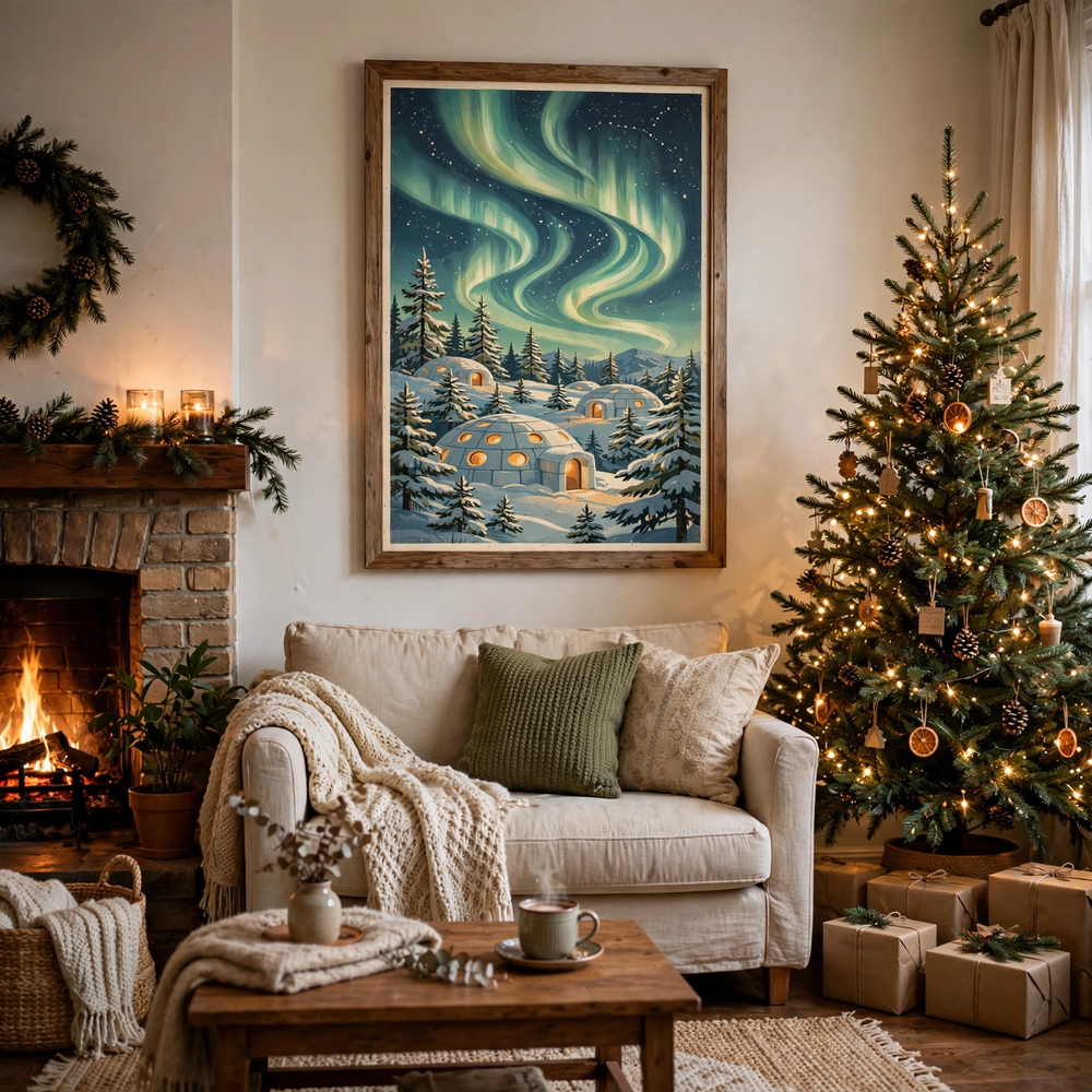 Northern Lights Igloo Camp poster framed in a cozy living room
