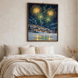 Christmas Eve Fireworks over the Village poster in a minimalist bedroom