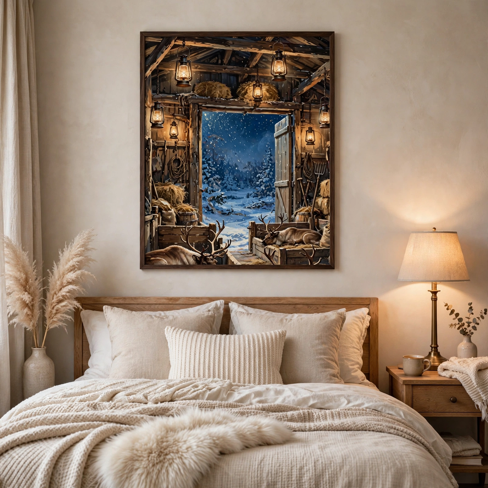 The Reindeer Stable poster framed in bedroom