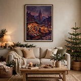 Wine-Red Christmas Market poster framed in a cozy living room