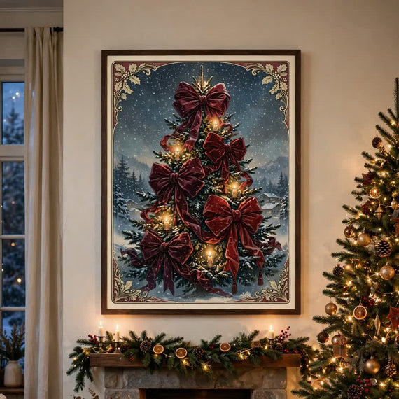 Velvet Bow Tree poster framed in a cozy living room