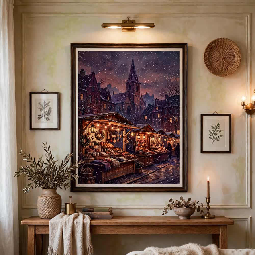 Wine-Red Christmas Market poster as centerpiece of a gallery wall