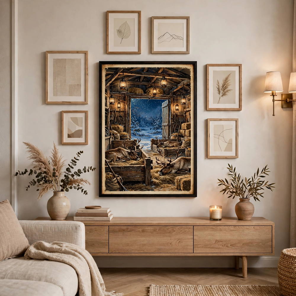 The Reindeer Stable poster framed in gallery wall