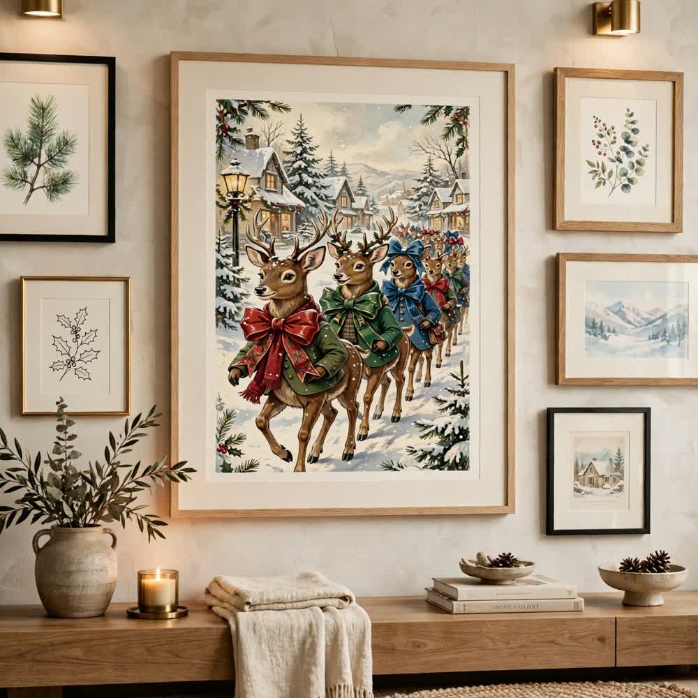 Storybook Deer Parade poster as centerpiece of a gallery wall
