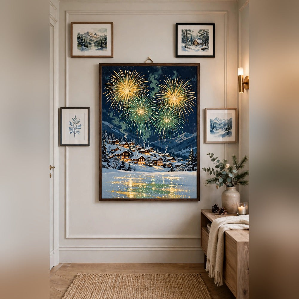 Christmas Eve Fireworks over the Village poster as centerpiece of a gallery wall